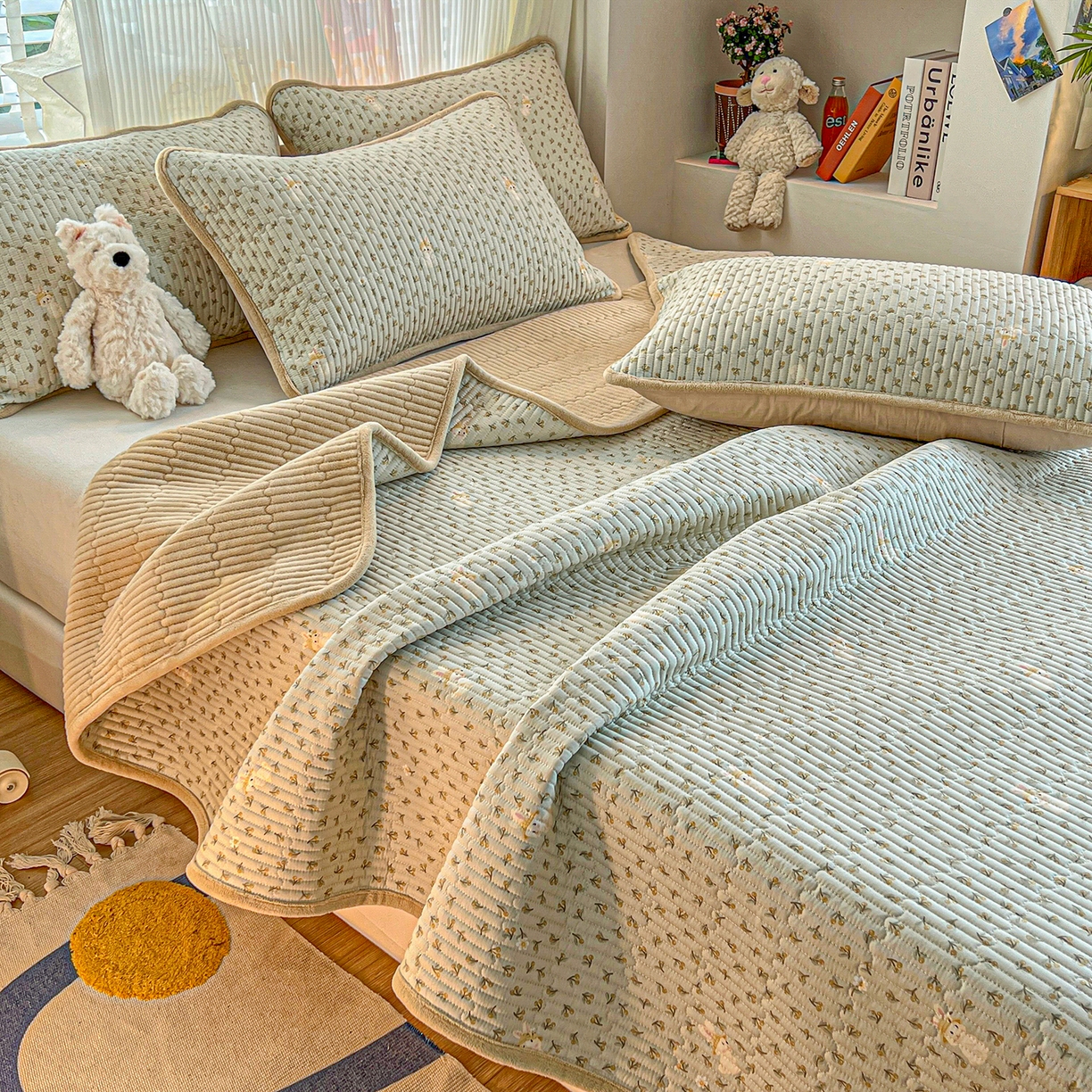 91家纺网 家纺一手货源 找家纺 X猫先生 2025新品棉加绒床盖一面全棉一面牛奶绒床盖炕盖加厚床单床垫四季款系列二 春游兔兔（A棉B绒）