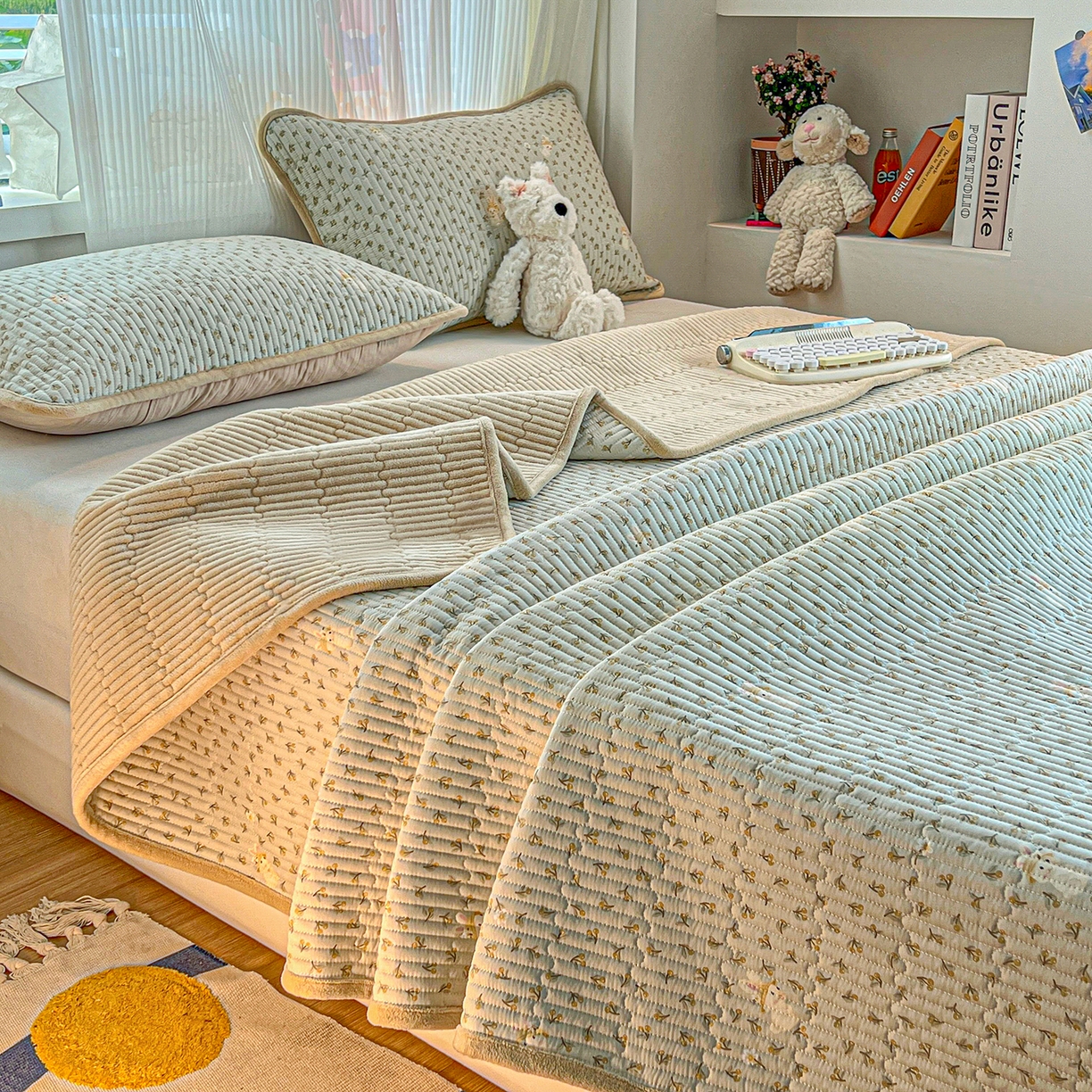 91家纺网 家纺一手货源 找家纺 X猫先生 2025新品棉加绒床盖一面全棉一面牛奶绒床盖炕盖加厚床单床垫四季款系列二 春游兔兔（A棉B绒）