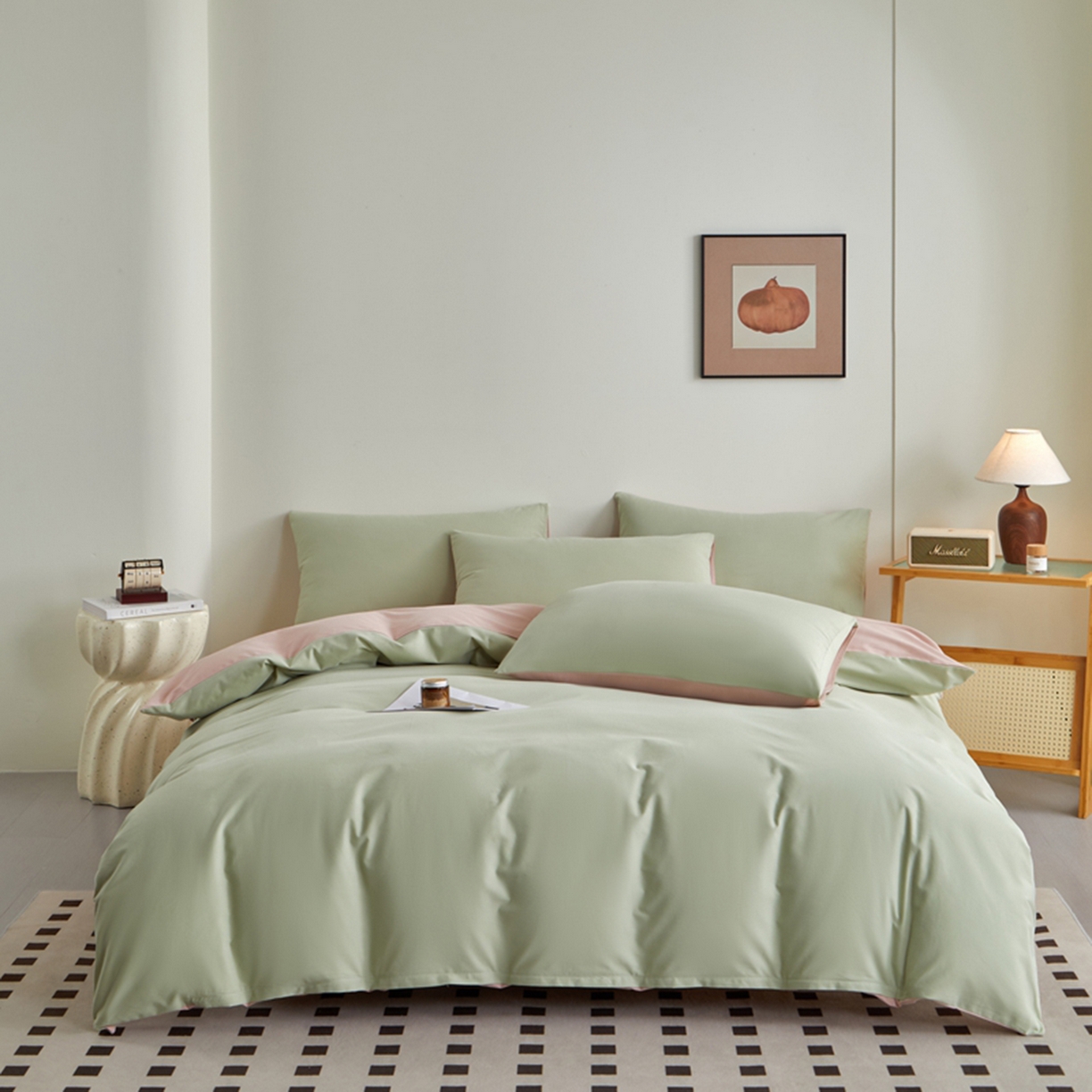 润肤居 2025新款全棉纯色双拼加厚磨毛四件套 青绿+豆沙