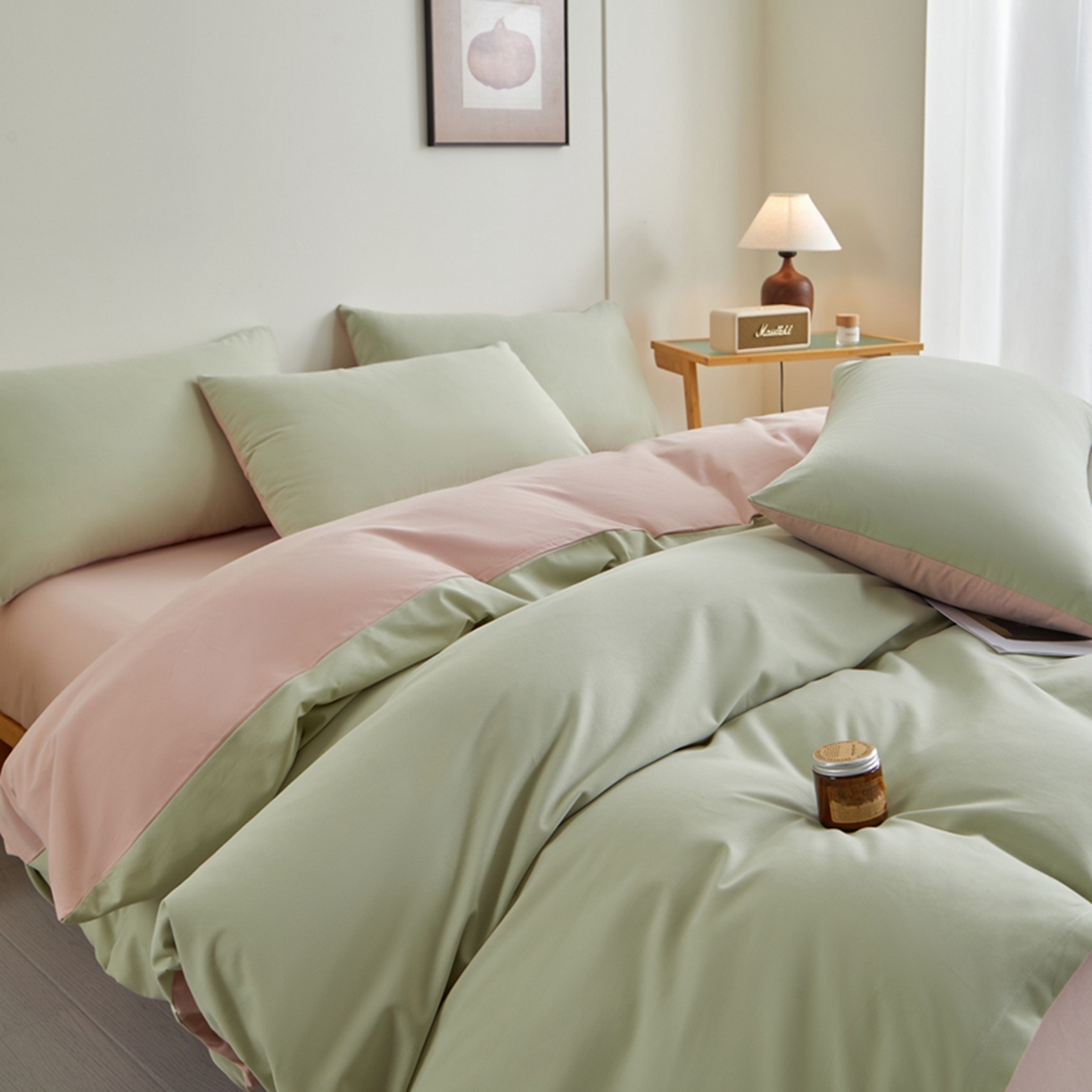91家纺网 家纺一手货源 找家纺 润肤居 2025新款全棉纯色双拼加厚磨毛四件套 青绿+豆沙