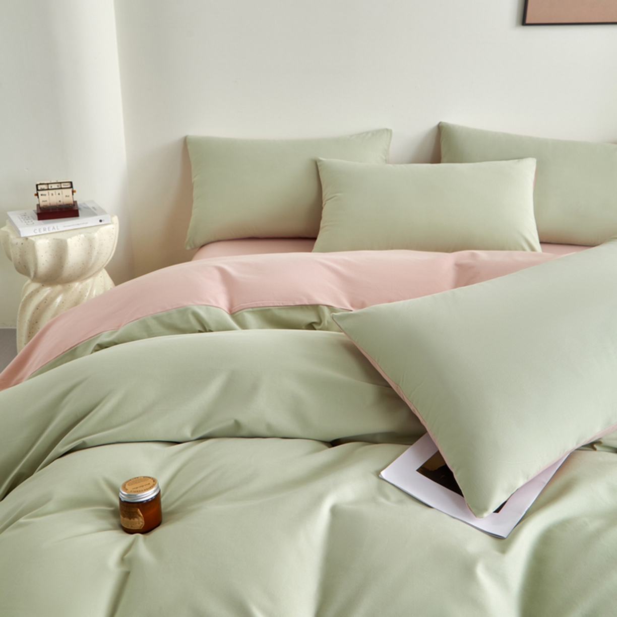 91家纺网 家纺一手货源 找家纺 润肤居 2025新款全棉纯色双拼加厚磨毛四件套 青绿+豆沙