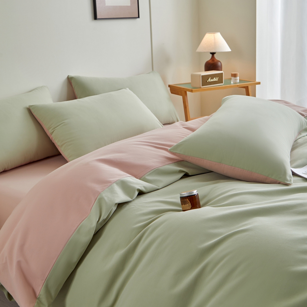 91家纺网 家纺一手货源 找家纺 润肤居 2025新款全棉纯色双拼加厚磨毛四件套 青绿+豆沙