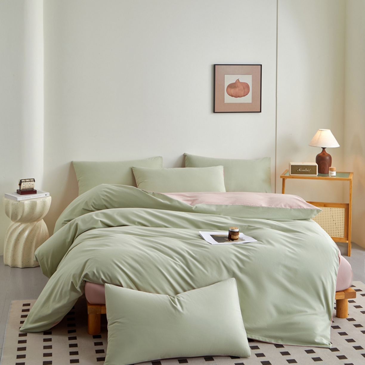 91家纺网 家纺一手货源 找家纺 润肤居 2025新款全棉纯色双拼加厚磨毛四件套 青绿+豆沙