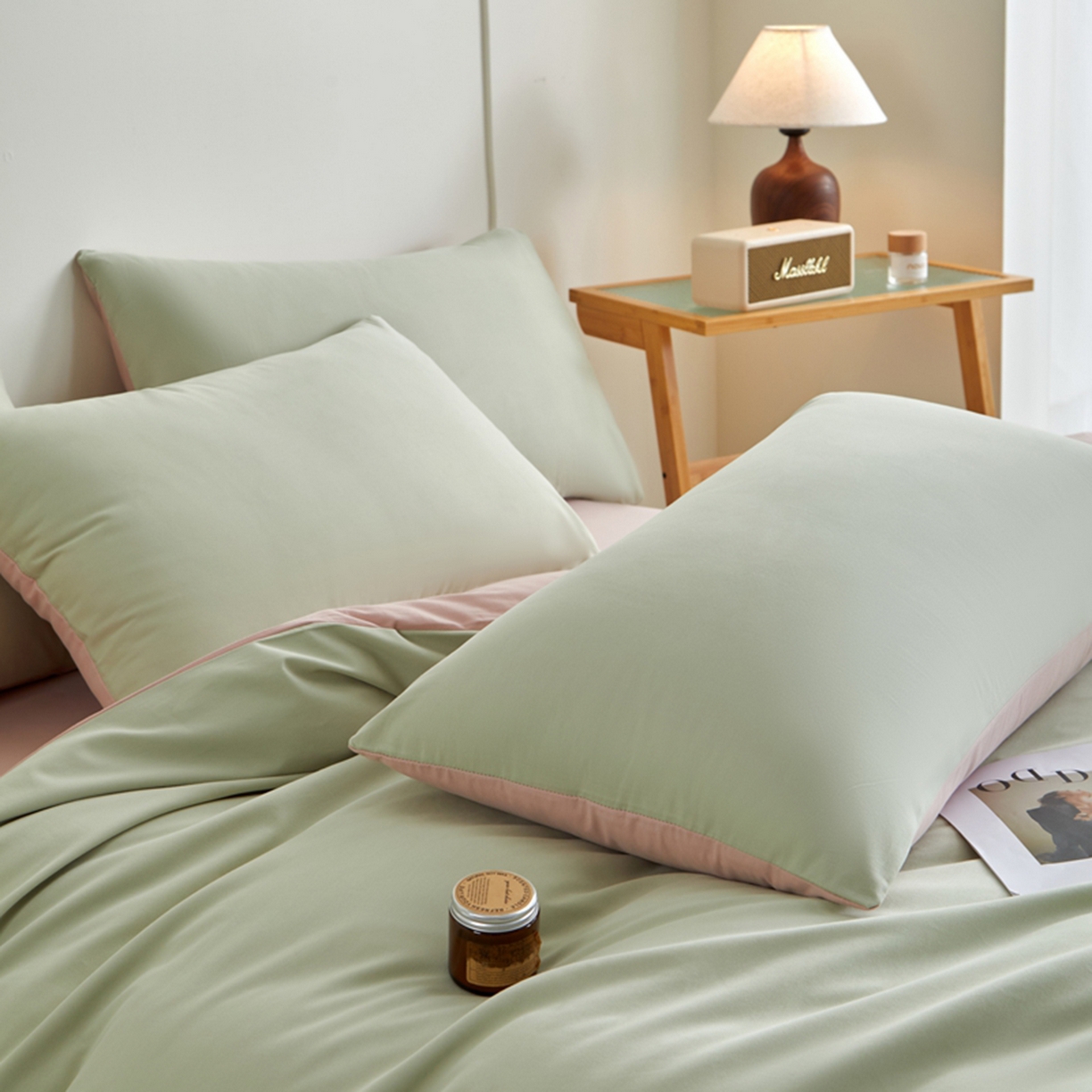 91家纺网 家纺一手货源 找家纺 润肤居 2025新款全棉纯色双拼加厚磨毛四件套 青绿+豆沙