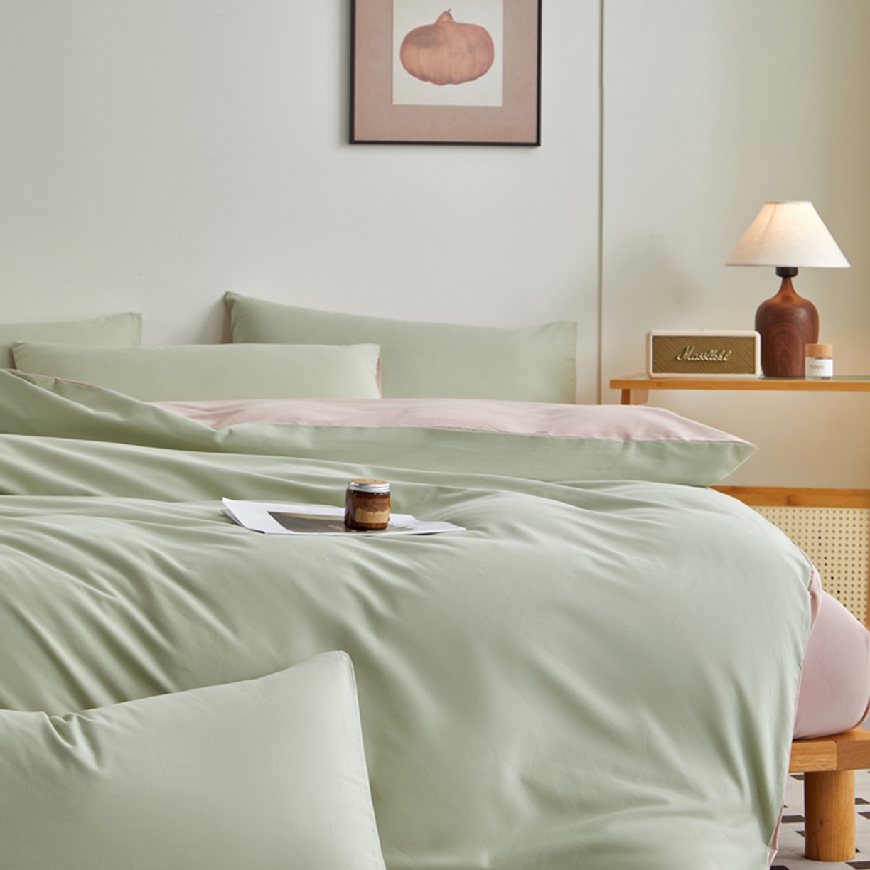 91家纺网 家纺一手货源 找家纺 润肤居 2025新款全棉纯色双拼加厚磨毛四件套 青绿+豆沙