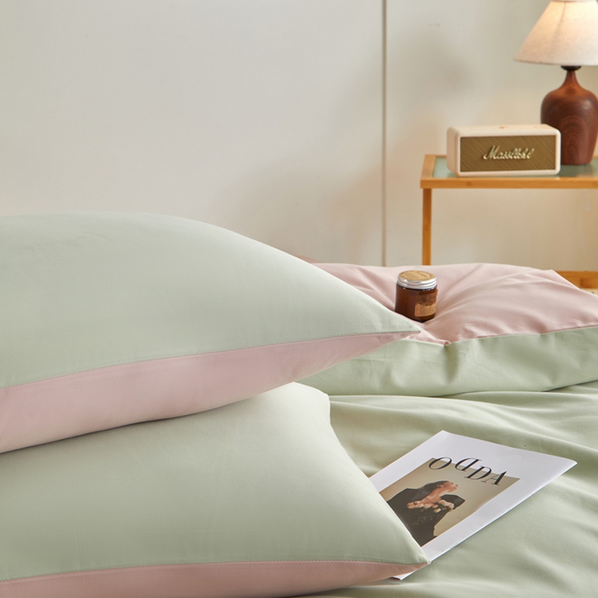 91家纺网 家纺一手货源 找家纺 润肤居 2025新款全棉纯色双拼加厚磨毛四件套 青绿+豆沙