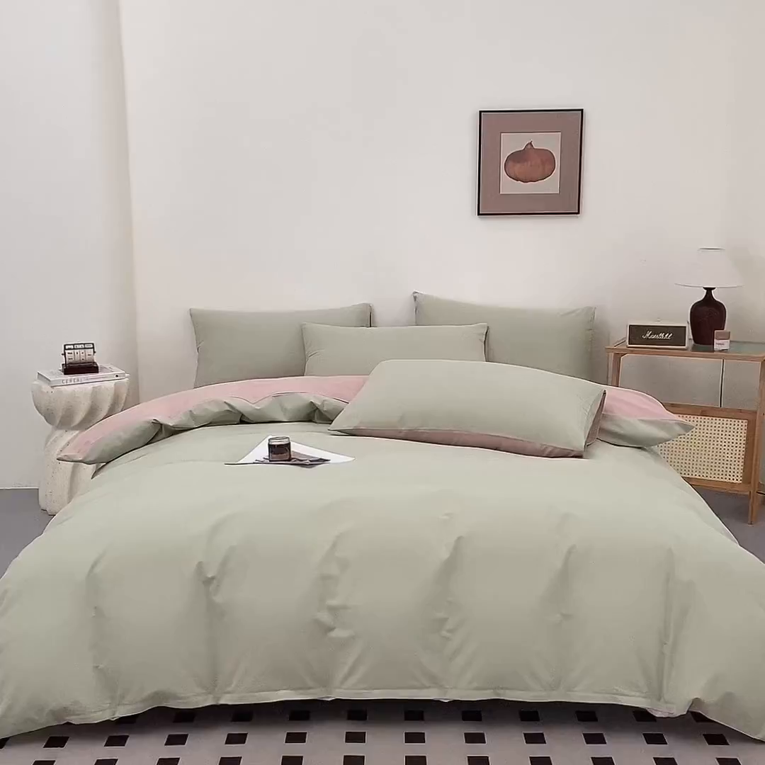 91家纺网 家纺一手货源 找家纺 润肤居 2025新款全棉纯色双拼加厚磨毛四件套 青绿+豆沙