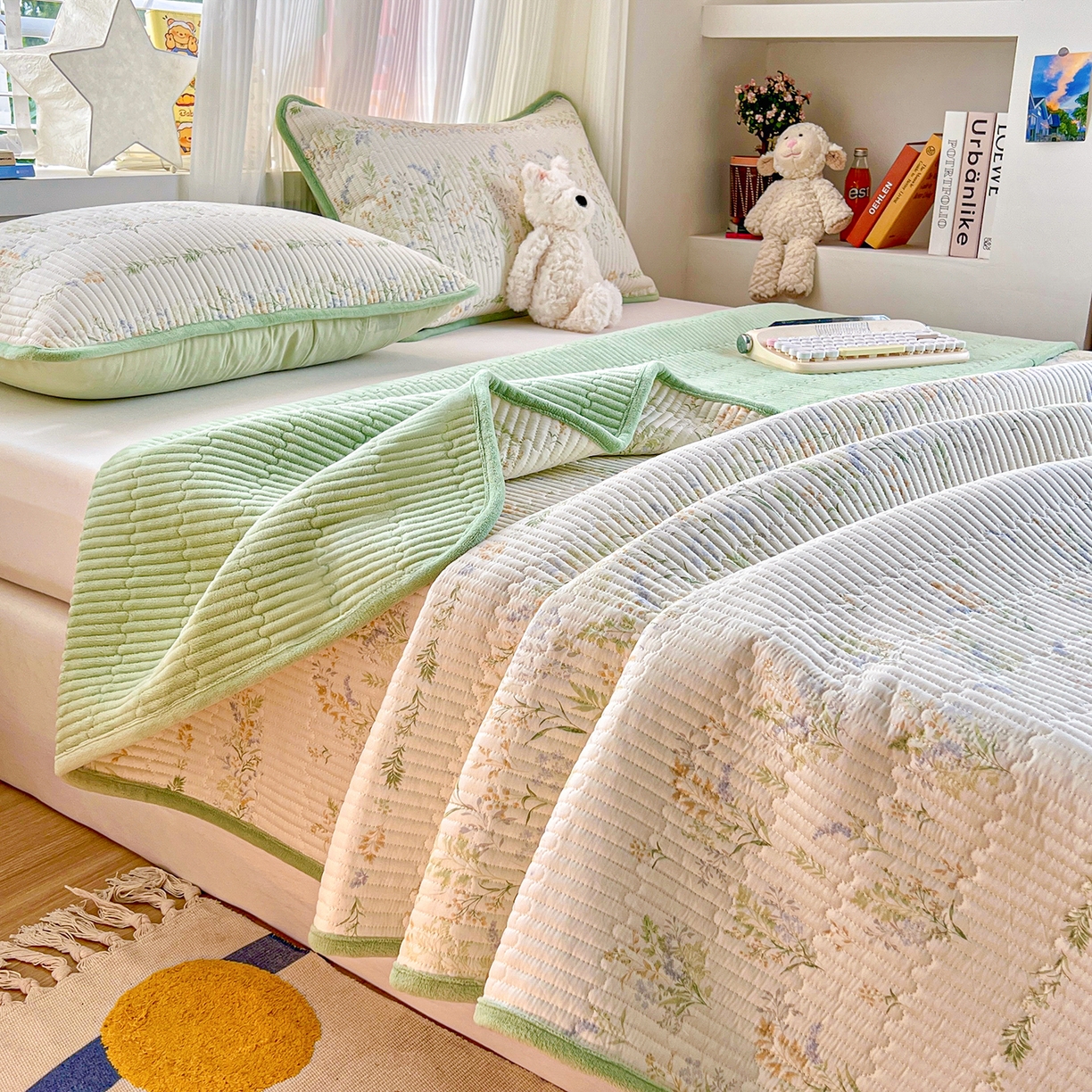 91家纺网 家纺一手货源 找家纺 X猫先生 2025新品棉加绒床盖一面全棉一面牛奶绒床盖炕盖加厚床单床垫四季款系列二 丛草集（A棉B绒）