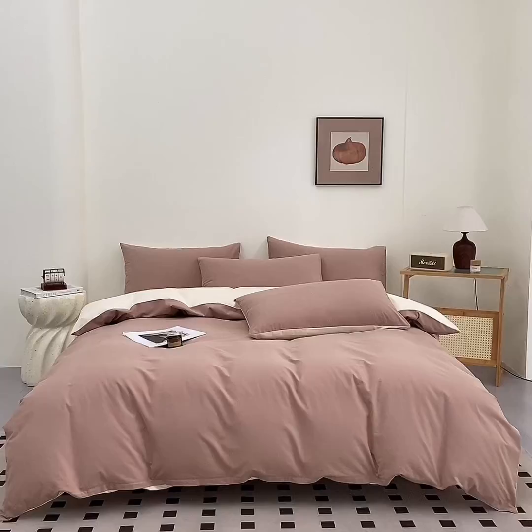 91家纺网 家纺一手货源 找家纺 润肤居 2025新款全棉纯色双拼加厚磨毛四件套 丝绒拿铁+奶油黄