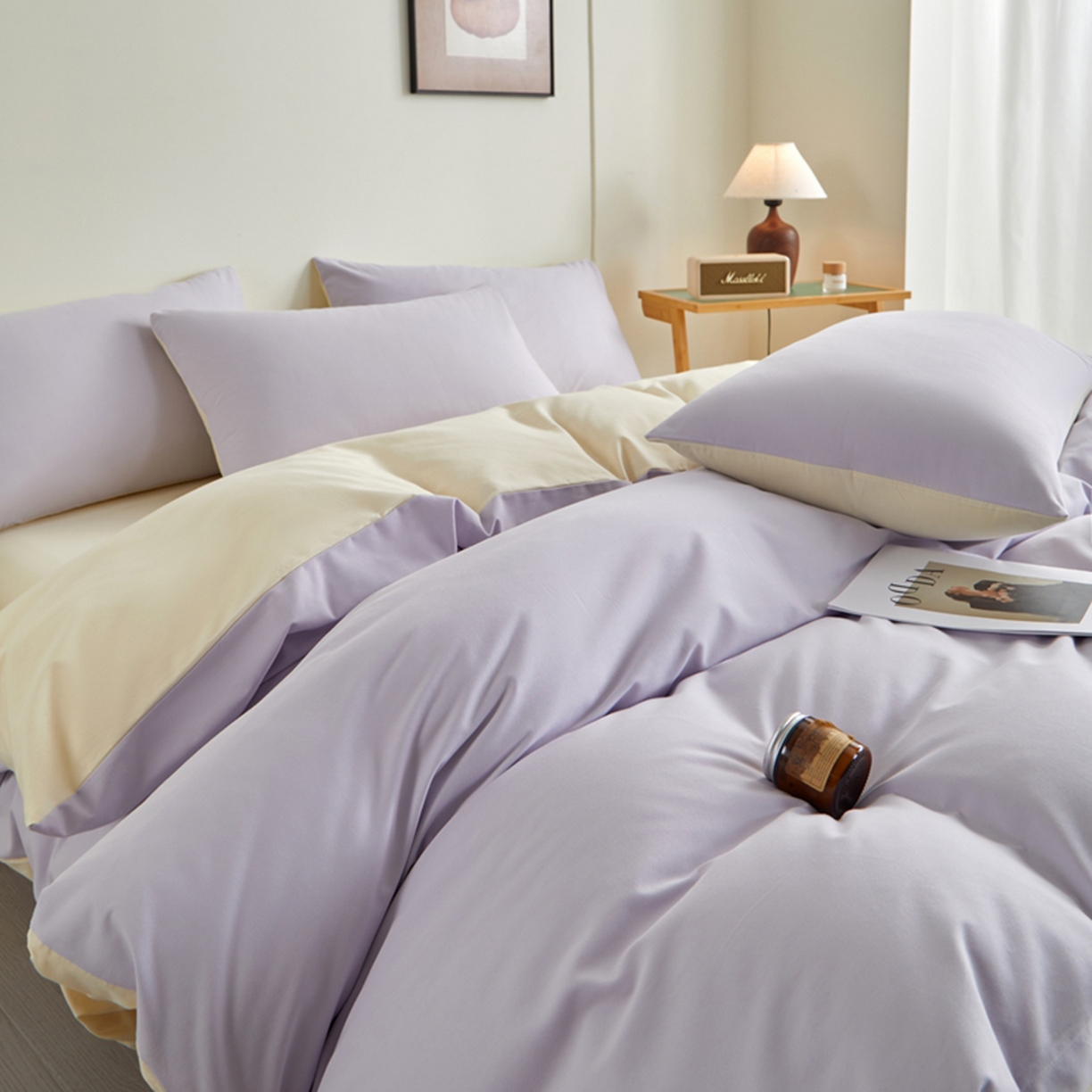 91家纺网 家纺一手货源 找家纺 润肤居 2025新款全棉纯色双拼加厚磨毛四件套 香芋紫+奶油黄