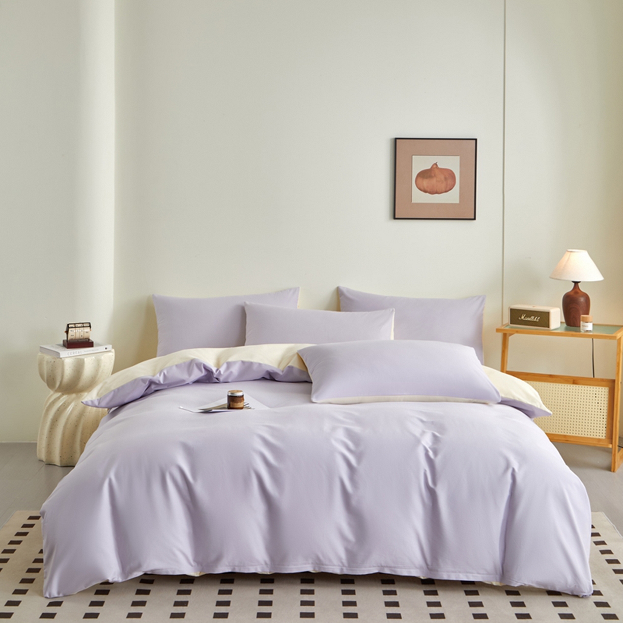 润肤居 2025新款全棉纯色双拼加厚磨毛四件套 香芋紫+奶油黄