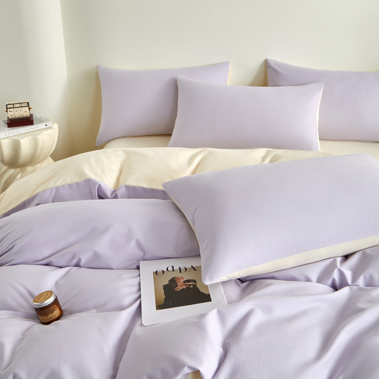 91家纺网 家纺一手货源 找家纺 润肤居 2025新款全棉纯色双拼加厚磨毛四件套 香芋紫+奶油黄