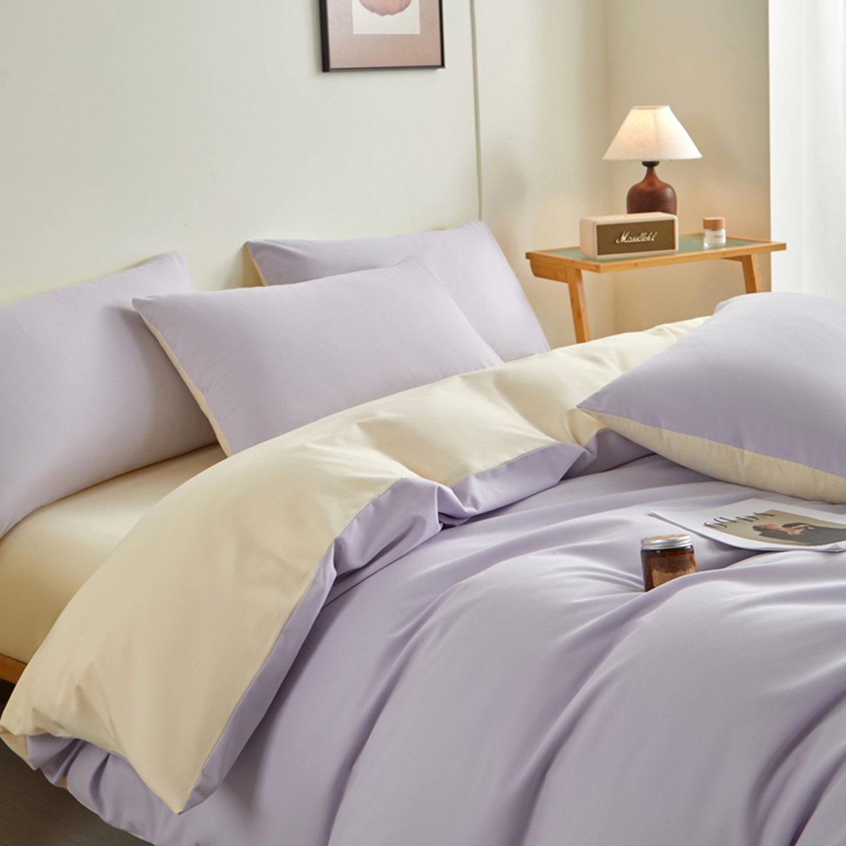 91家纺网 家纺一手货源 找家纺 润肤居 2025新款全棉纯色双拼加厚磨毛四件套 香芋紫+奶油黄