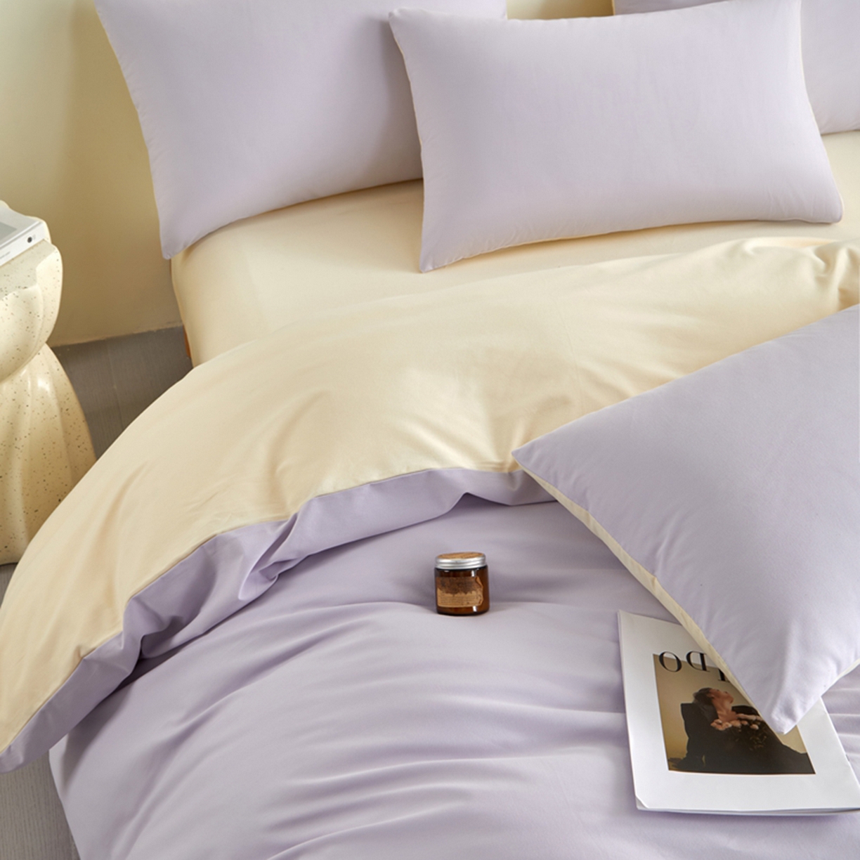 91家纺网 家纺一手货源 找家纺 润肤居 2025新款全棉纯色双拼加厚磨毛四件套 香芋紫+奶油黄