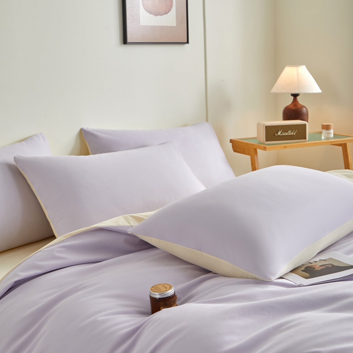 91家纺网 家纺一手货源 找家纺 润肤居 2025新款全棉纯色双拼加厚磨毛四件套 香芋紫+奶油黄