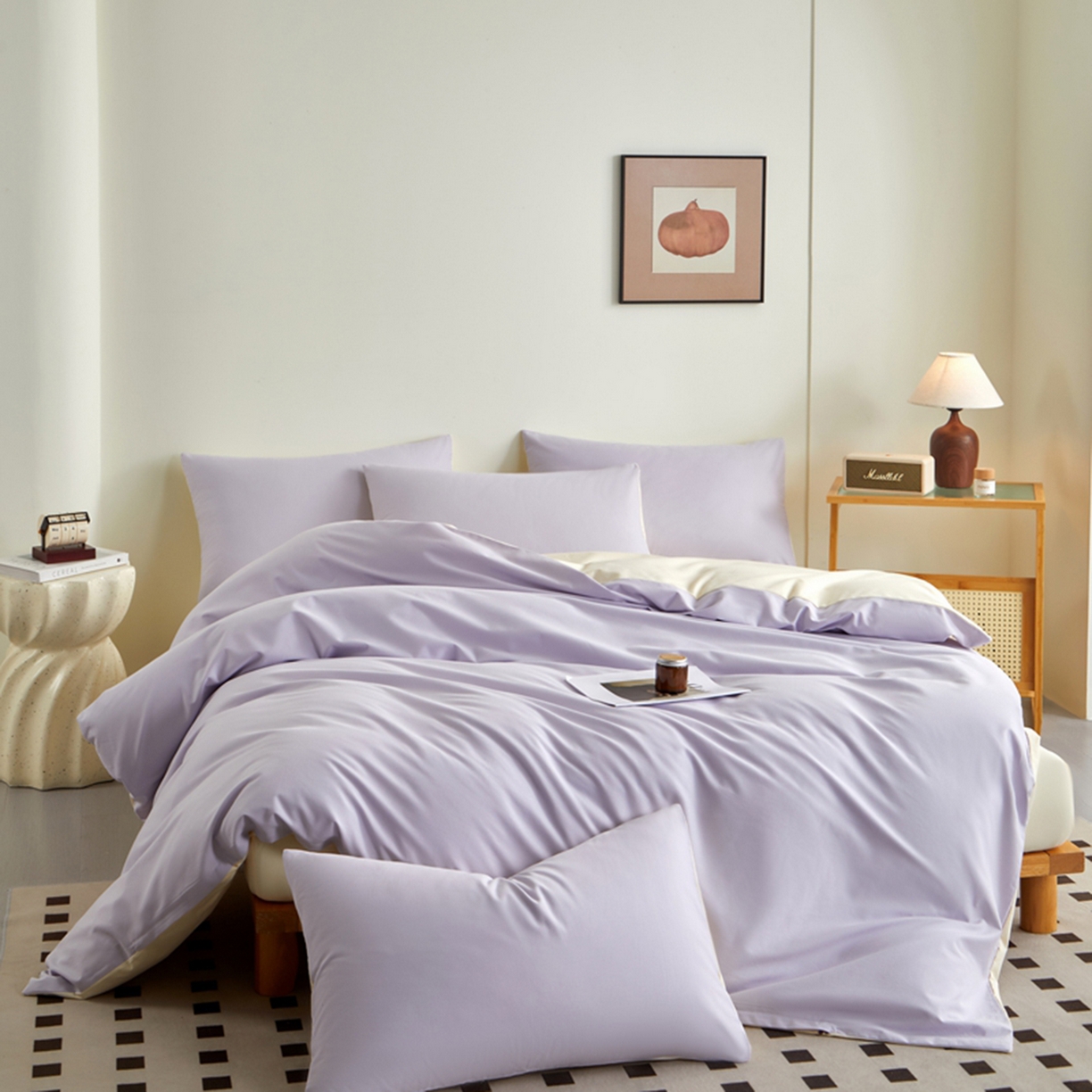 91家纺网 家纺一手货源 找家纺 润肤居 2025新款全棉纯色双拼加厚磨毛四件套 香芋紫+奶油黄