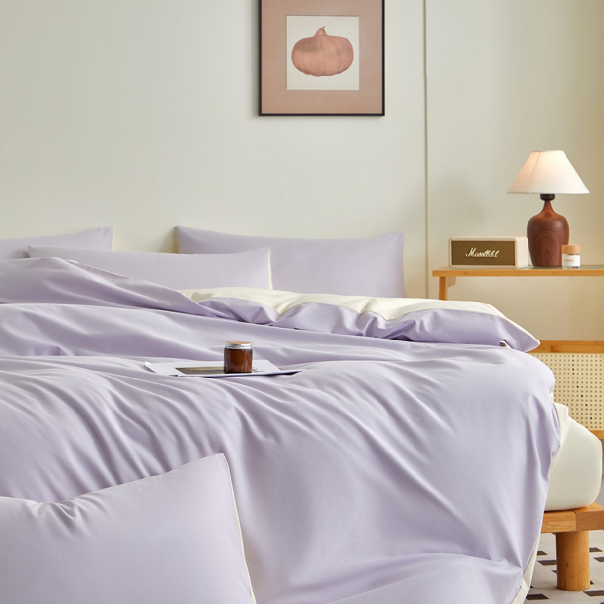 91家纺网 家纺一手货源 找家纺 润肤居 2025新款全棉纯色双拼加厚磨毛四件套 香芋紫+奶油黄