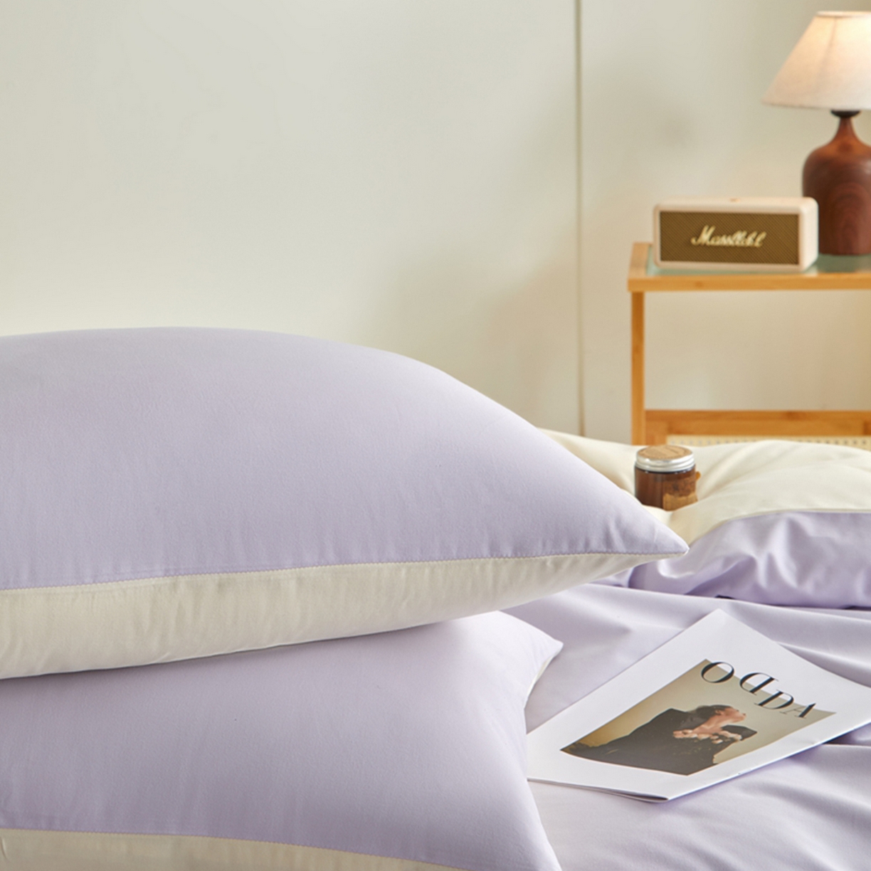 91家纺网 家纺一手货源 找家纺 润肤居 2025新款全棉纯色双拼加厚磨毛四件套 香芋紫+奶油黄