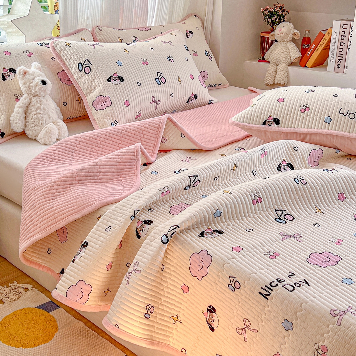 91家纺网 家纺一手货源 找家纺 X猫先生 2025新品棉加绒床盖一面全棉一面牛奶绒床盖炕盖加厚床单床垫四季款系列二 哈哈狗（A棉B绒）