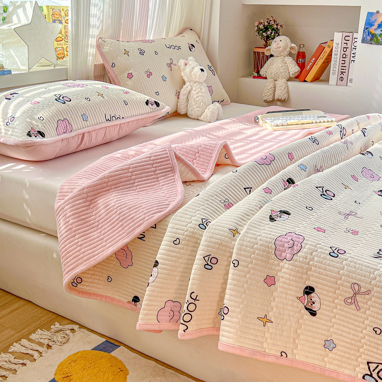 91家纺网 家纺一手货源 找家纺 X猫先生 2025新品棉加绒床盖一面全棉一面牛奶绒床盖炕盖加厚床单床垫四季款系列二 哈哈狗（A棉B绒）