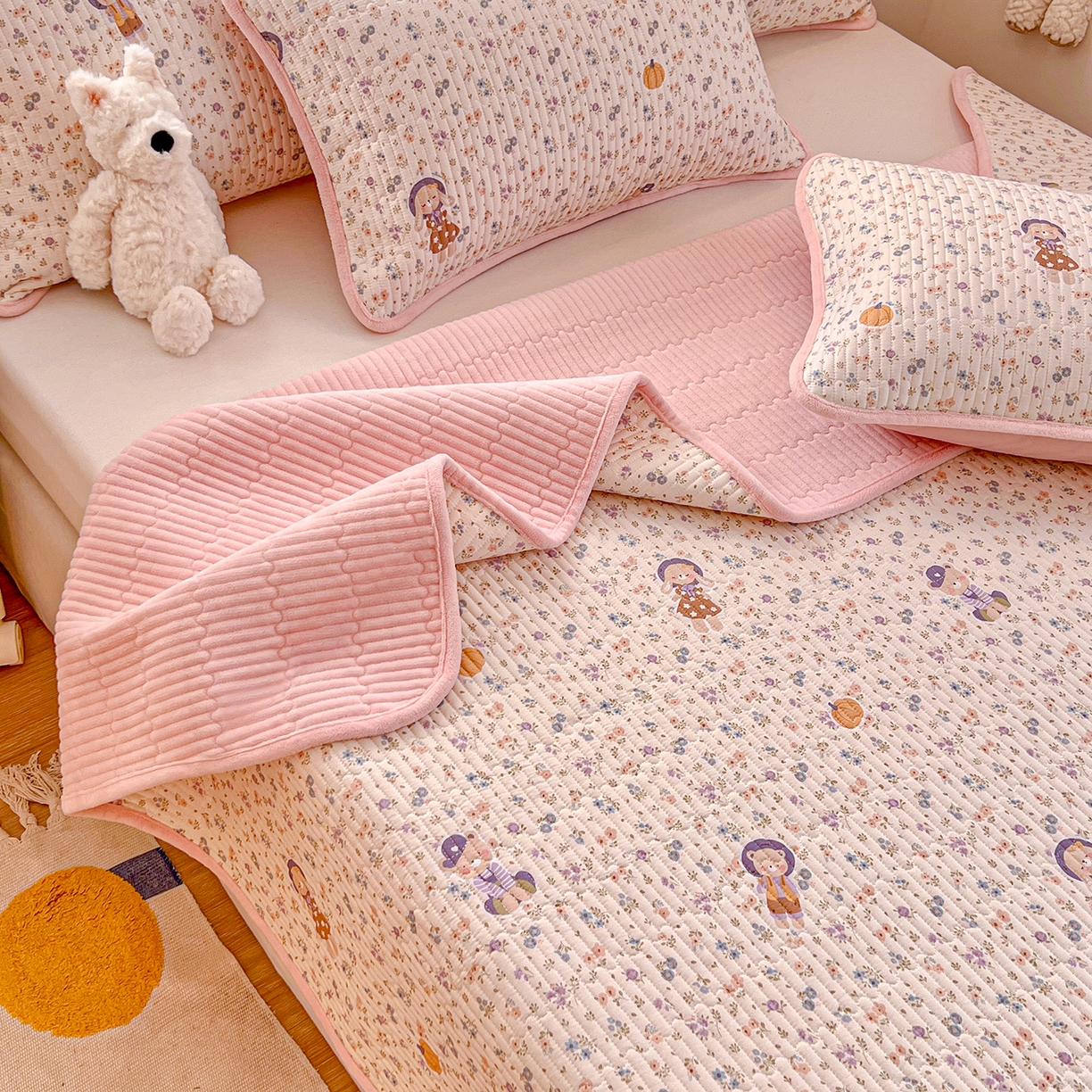 91家纺网 家纺一手货源 找家纺 X猫先生 2025新品棉加绒床盖一面全棉一面牛奶绒床盖炕盖加厚床单床垫四季款系列二 花田囡囡（A棉B绒）