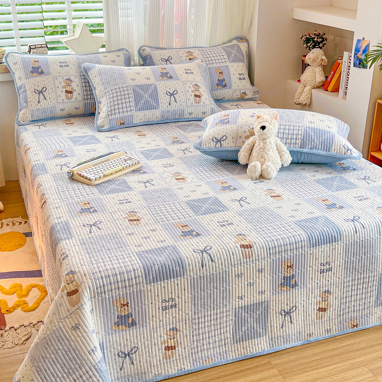 91家纺网 家纺一手货源 找家纺 X猫先生 2025新品棉加绒床盖一面全棉一面牛奶绒床盖炕盖加厚床单床垫四季款系列二 蓝格童话（A棉B绒）