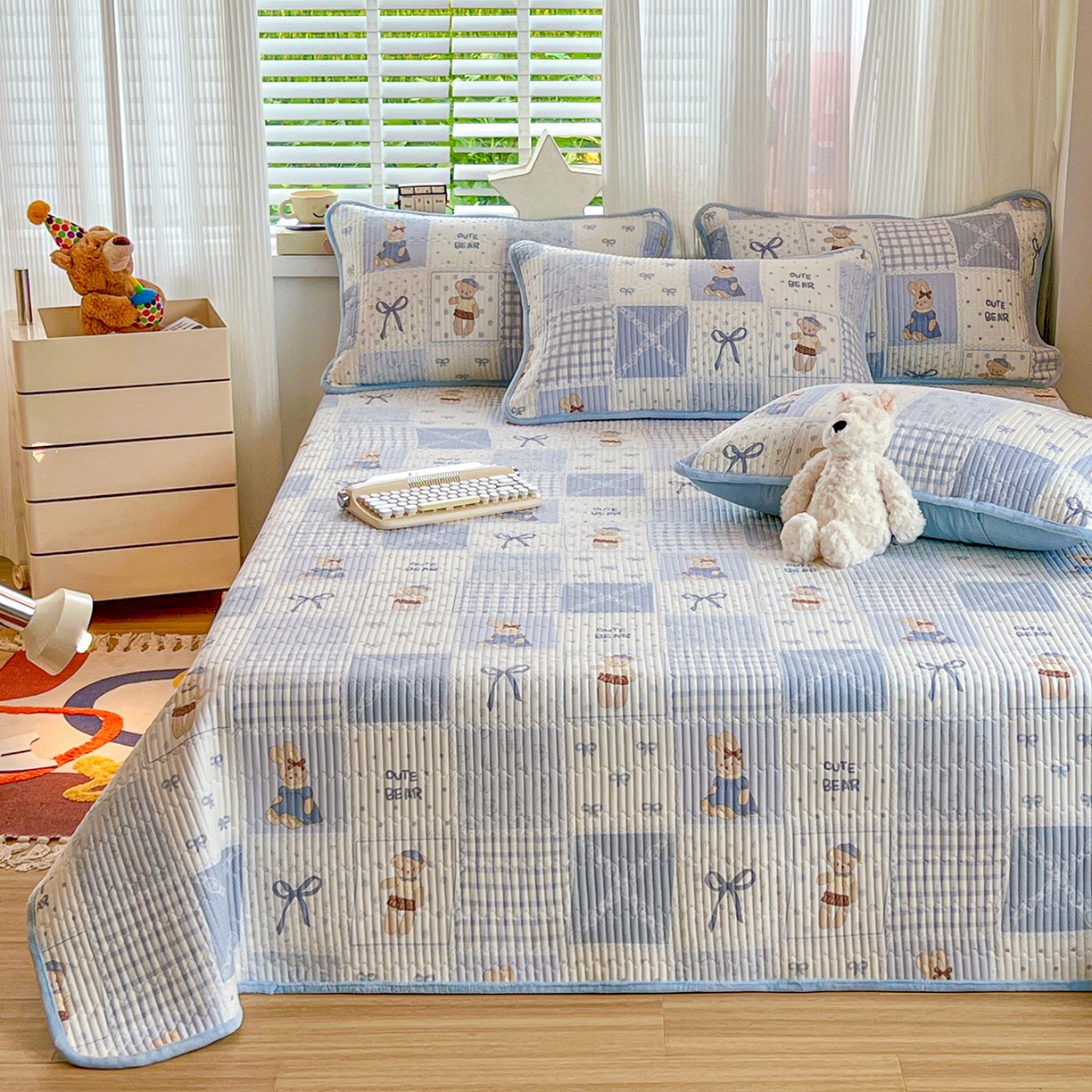 91家纺网 家纺一手货源 找家纺 X猫先生 2025新品棉加绒床盖一面全棉一面牛奶绒床盖炕盖加厚床单床垫四季款系列二 蓝格童话（A棉B绒）