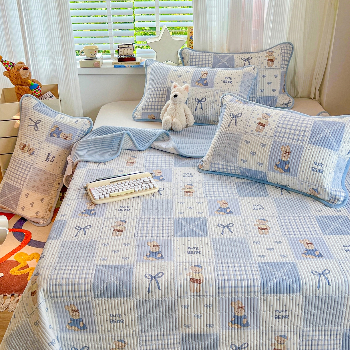 91家纺网 家纺一手货源 找家纺 X猫先生 2025新品棉加绒床盖一面全棉一面牛奶绒床盖炕盖加厚床单床垫四季款系列二 蓝格童话（A棉B绒）