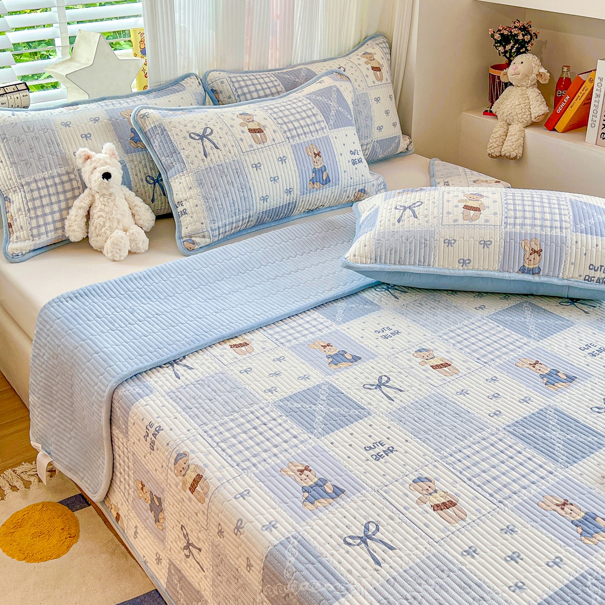 91家纺网 家纺一手货源 找家纺 X猫先生 2025新品棉加绒床盖一面全棉一面牛奶绒床盖炕盖加厚床单床垫四季款系列二 蓝格童话（A棉B绒）