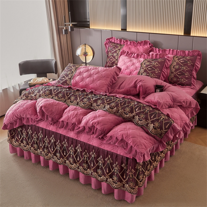 91家纺网 家纺一手货源 找家纺 屹成家纺2025新款水晶绒夹棉绗缝床裙四件套（塞纳河畔）四件套起售价不低于230元 豆沙