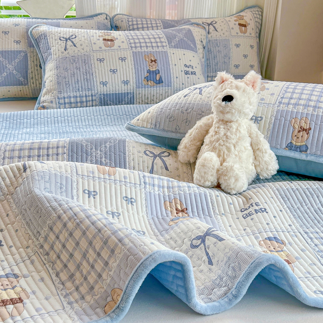 91家纺网 家纺一手货源 找家纺 X猫先生 2025新品棉加绒床盖一面全棉一面牛奶绒床盖炕盖加厚床单床垫四季款系列二 蓝格童话（A棉B绒）