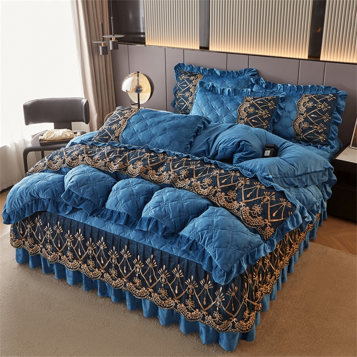 91家纺网 家纺一手货源 找家纺 屹成家纺2025新款水晶绒夹棉绗缝床裙四件套（塞纳河畔）四件套起售价不低于230元 蔚蓝