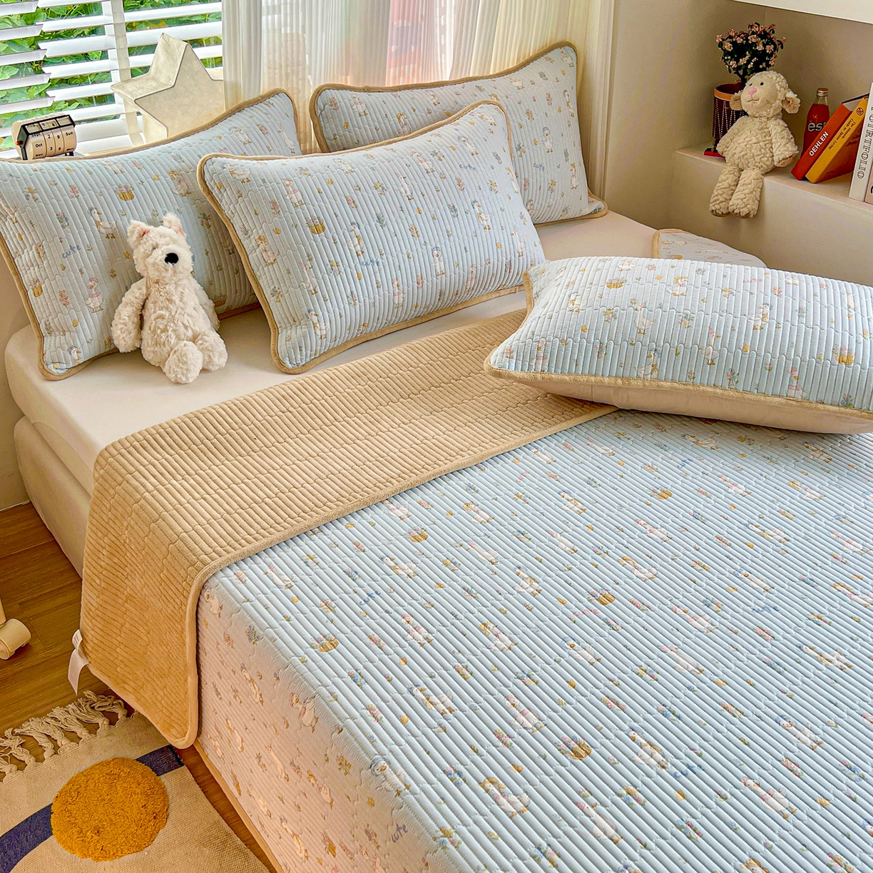 91家纺网 家纺一手货源 找家纺 X猫先生 2025新品棉加绒床盖一面全棉一面牛奶绒床盖炕盖加厚床单床垫四季款系列二 萌萌鸭（A棉B绒）