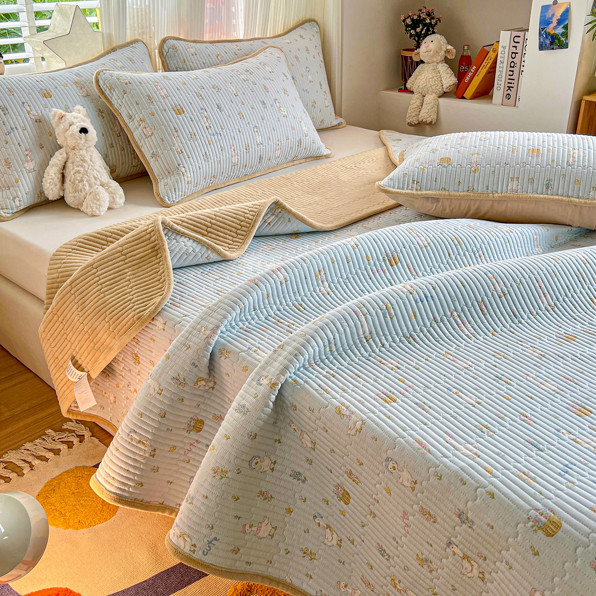 91家纺网 家纺一手货源 找家纺 X猫先生 2025新品棉加绒床盖一面全棉一面牛奶绒床盖炕盖加厚床单床垫四季款系列二 萌萌鸭（A棉B绒）