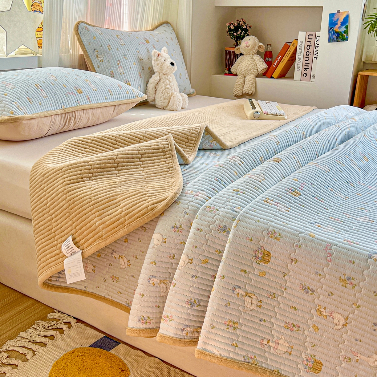 91家纺网 家纺一手货源 找家纺 X猫先生 2025新品棉加绒床盖一面全棉一面牛奶绒床盖炕盖加厚床单床垫四季款系列二 萌萌鸭（A棉B绒）