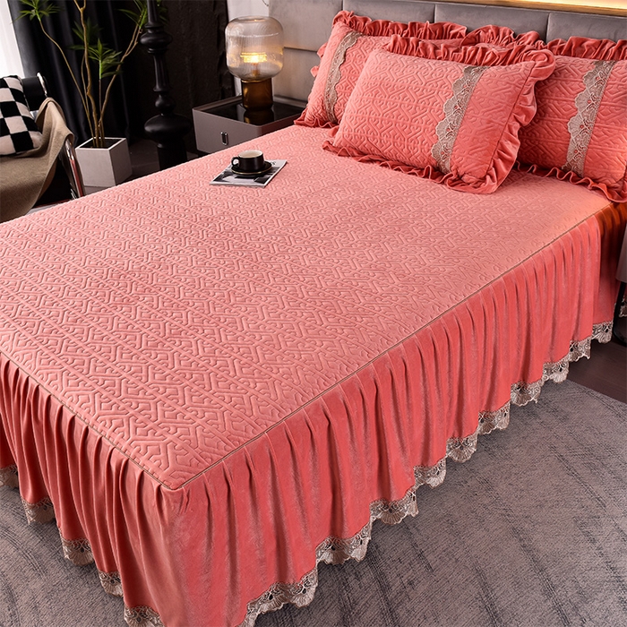 91家纺网 家纺一手货源 找家纺 忘忧草 2025新款婴儿绒夹棉单床裙 床裙单件-安娜系列 安娜-橘皮粉