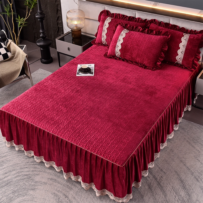 91家纺网 家纺一手货源 找家纺 忘忧草 2025新款婴儿绒夹棉单床裙 床裙单件-安娜系列 安娜-亮酒红