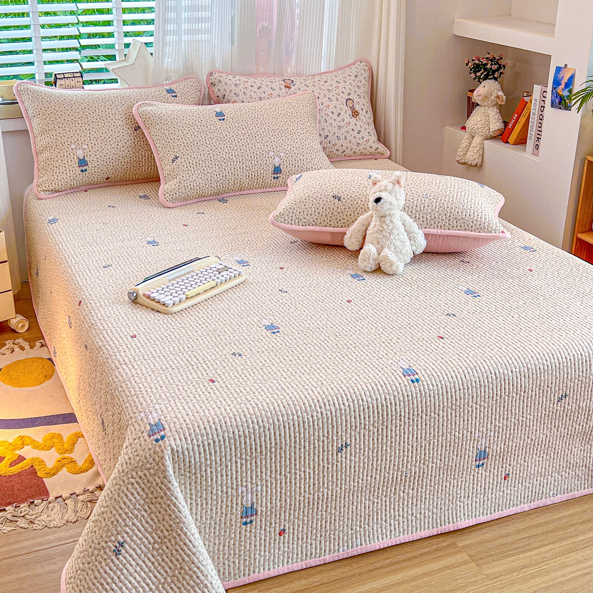 91家纺网 家纺一手货源 找家纺 X猫先生 2025新品棉加绒床盖一面全棉一面牛奶绒床盖炕盖加厚床单床垫四季款系列二 奶呼小兔（A棉B绒）