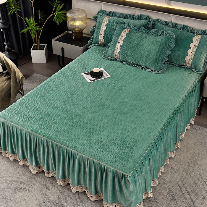 91家纺网 家纺一手货源 找家纺 忘忧草 2025新款婴儿绒夹棉单床裙 床裙单件-安娜系列 安娜-迷雾绿