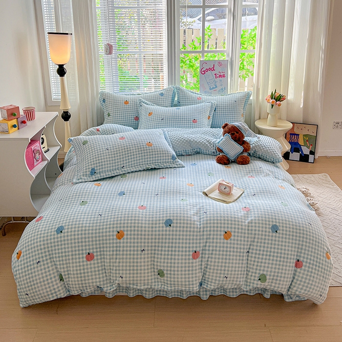 91家纺网 家纺一手货源 找家纺 一比一 2025新款加厚保暖豆豆牛奶绒床盖款四件套蓝格南瓜