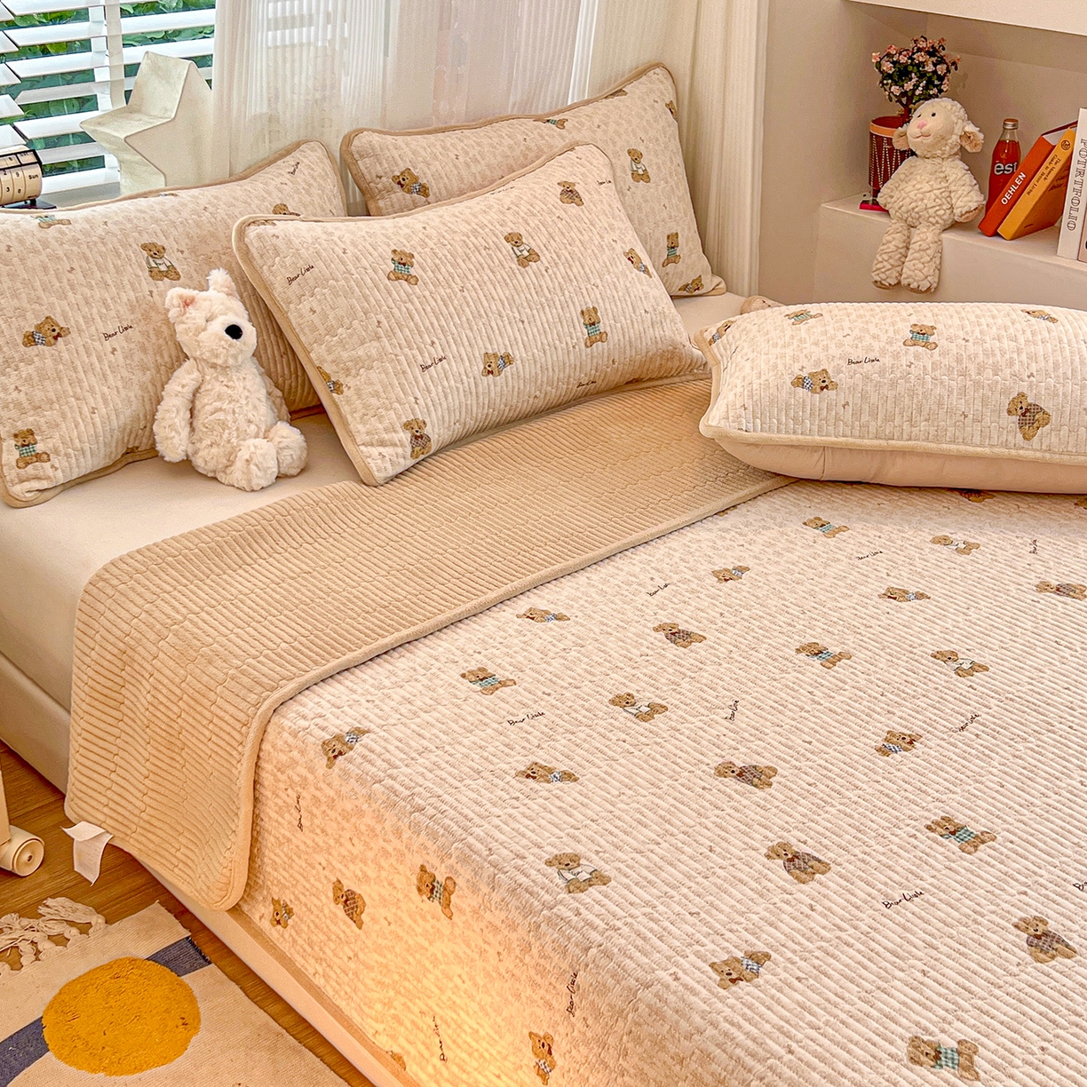 91家纺网 家纺一手货源 找家纺 X猫先生 2025新品棉加绒床盖一面全棉一面牛奶绒床盖炕盖加厚床单床垫四季款系列二 趴趴熊(A棉B绒）