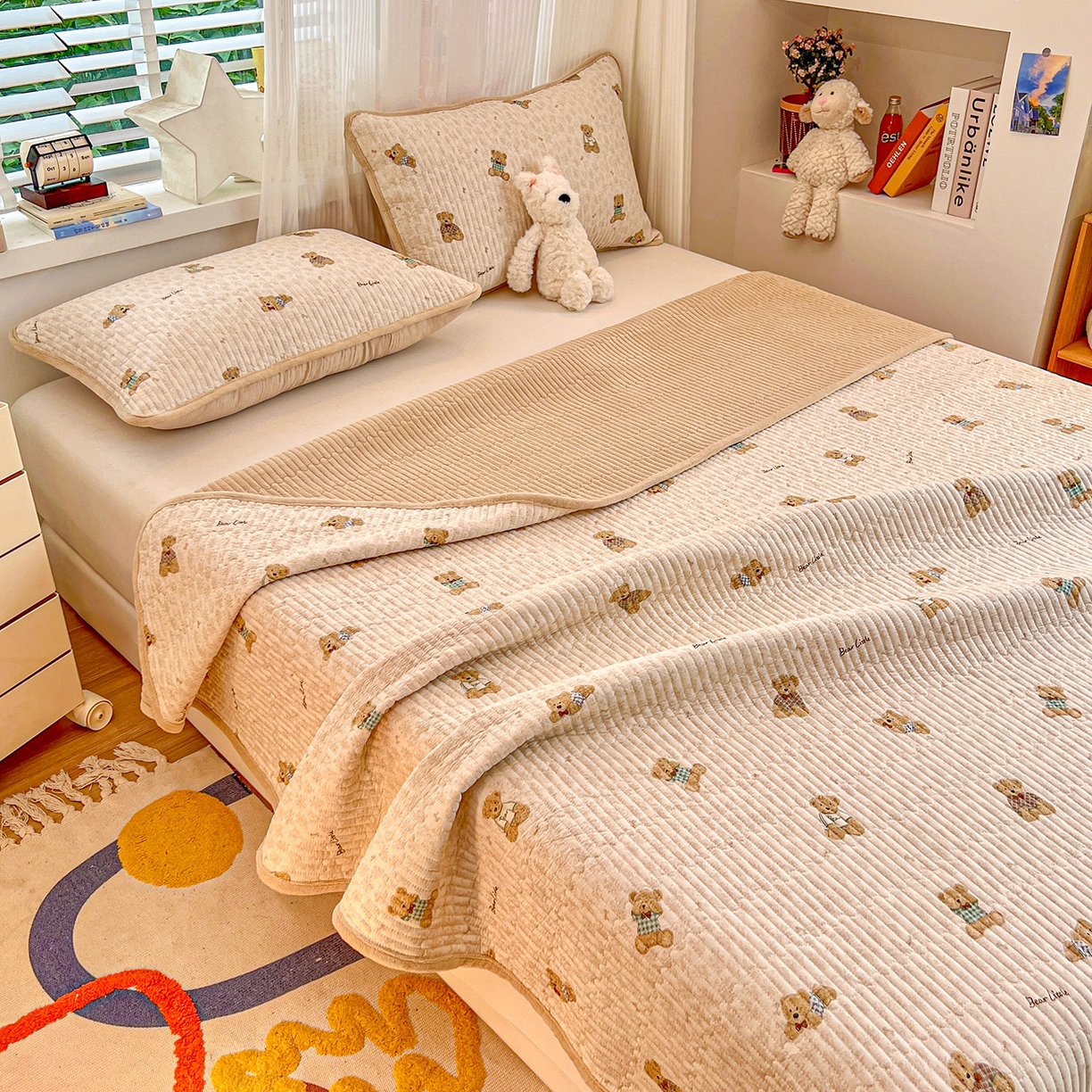 91家纺网 家纺一手货源 找家纺 X猫先生 2025新品棉加绒床盖一面全棉一面牛奶绒床盖炕盖加厚床单床垫四季款系列二 趴趴熊(A棉B绒）