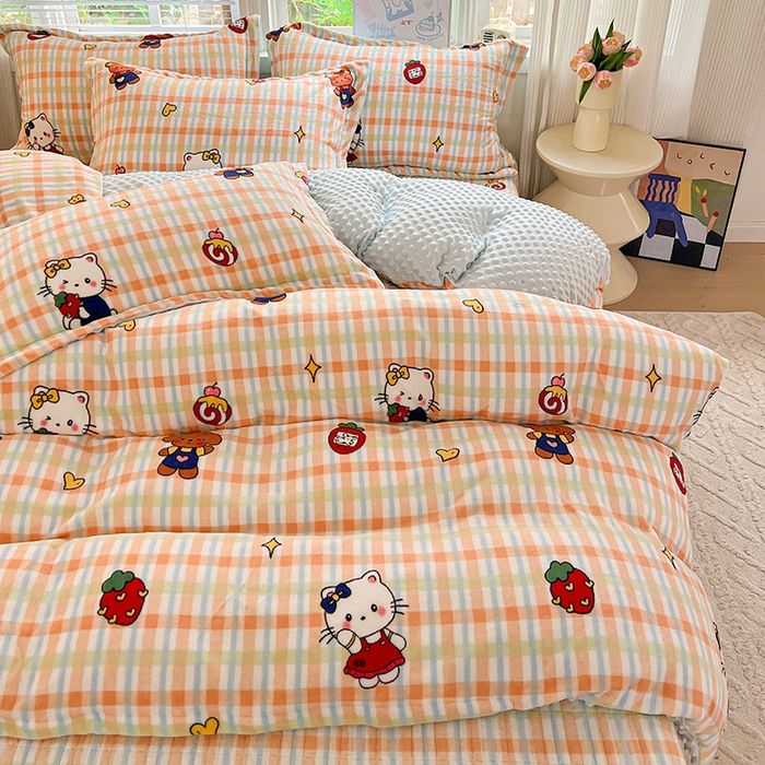 91家纺网 家纺一手货源 找家纺 一比一 2025新款加厚保暖豆豆牛奶绒床盖款四件套猫咪酱