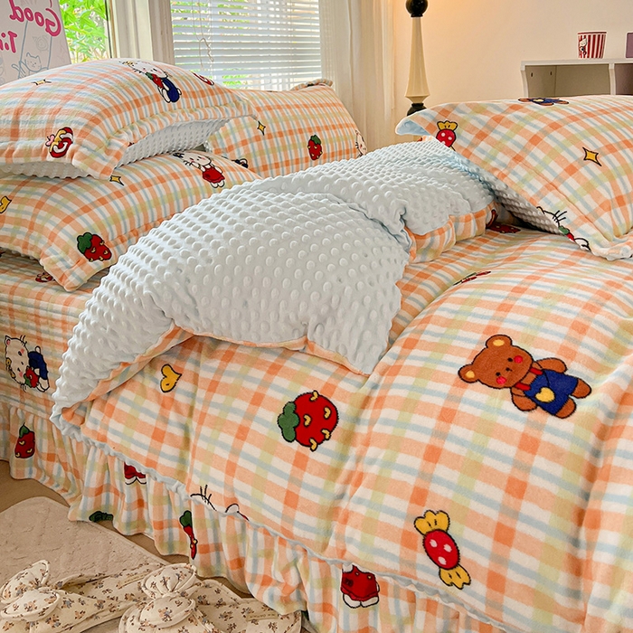 91家纺网 家纺一手货源 找家纺 一比一 2025新款加厚保暖豆豆牛奶绒床盖款四件套猫咪酱