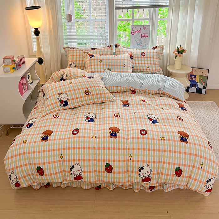 91家纺网 家纺一手货源 找家纺 一比一 2025新款加厚保暖豆豆牛奶绒床盖款四件套猫咪酱