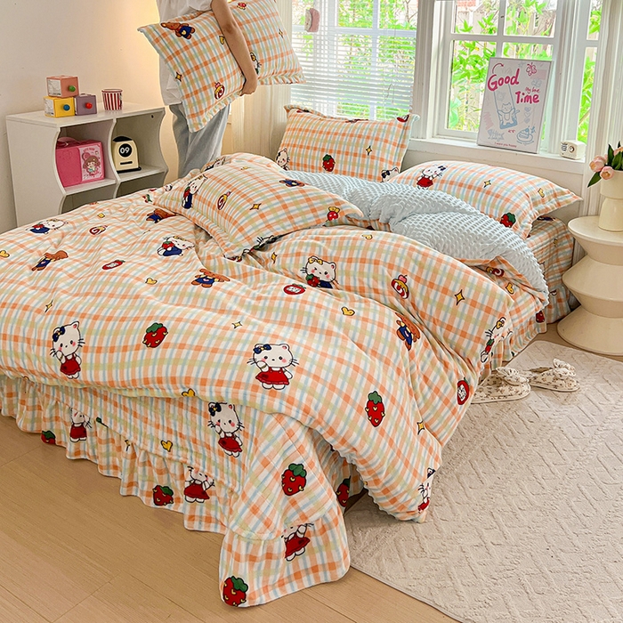 91家纺网 家纺一手货源 找家纺 一比一 2025新款加厚保暖豆豆牛奶绒床盖款四件套猫咪酱