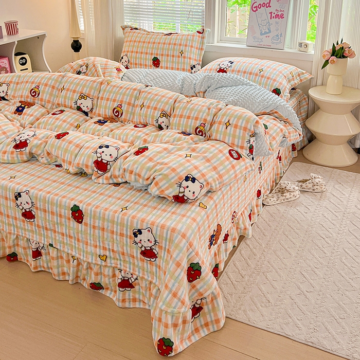 91家纺网 家纺一手货源 找家纺 一比一 2025新款加厚保暖豆豆牛奶绒床盖款四件套猫咪酱