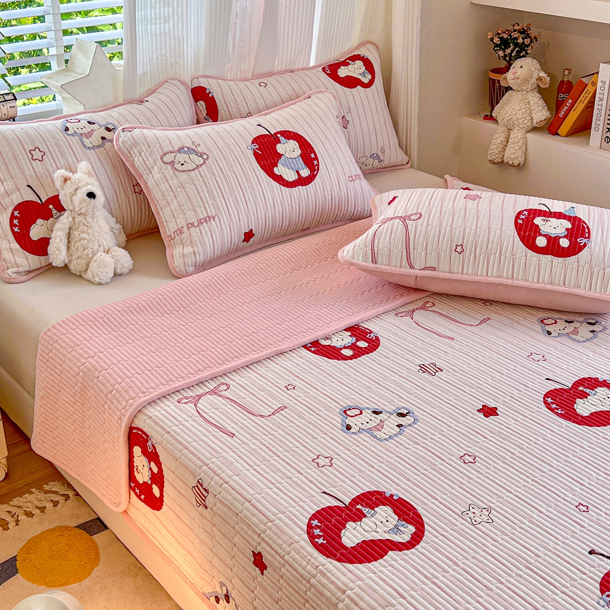 91家纺网 家纺一手货源 找家纺 X猫先生 2025新品棉加绒床盖一面全棉一面牛奶绒床盖炕盖加厚床单床垫四季款系列二 甜心苹果派(A棉B绒）