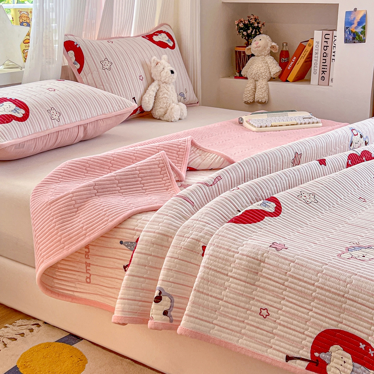 91家纺网 家纺一手货源 找家纺 X猫先生 2025新品棉加绒床盖一面全棉一面牛奶绒床盖炕盖加厚床单床垫四季款系列二 甜心苹果派(A棉B绒）