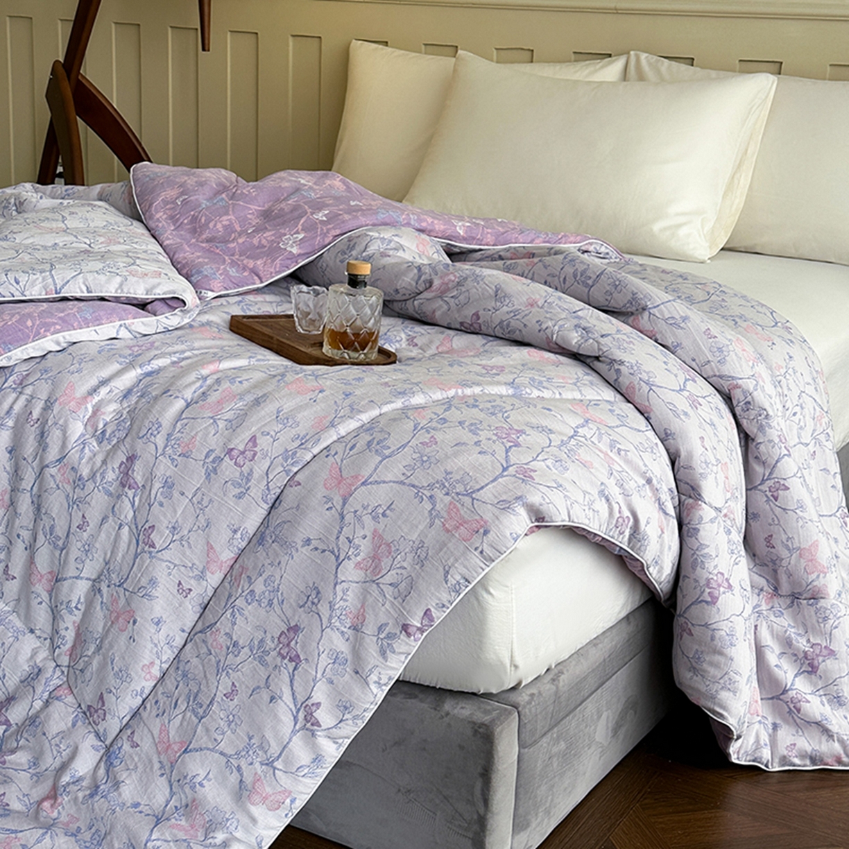 91家纺网 家纺一手货源 找家纺 睡棉坊 2025新款全棉纯棉色织提花双层纱冬被被子被芯 蝶结缘